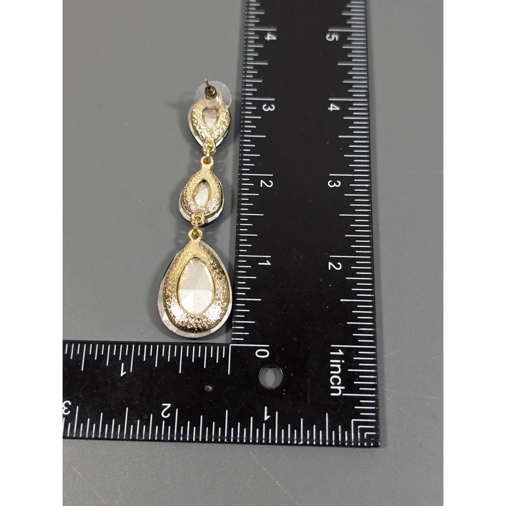 Blue Rhinestone Facet Teardrop‎ Dangle Earrings Evening Glam Chic Runway